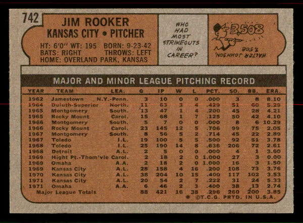 1972 Topps Baseball #742 Jim Rooker Royals NR-MT 556712