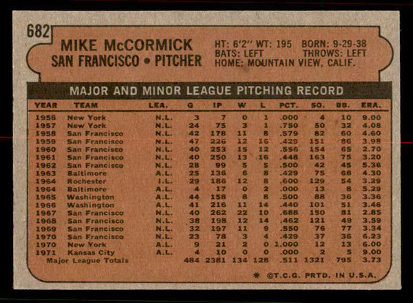 1972 Topps Baseball #682 Mike McCormick Giants NR-MT 556727