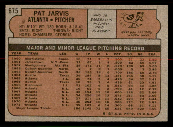 1972 Topps Baseball #675 Pat Jarvis Braves NR-MT 556734