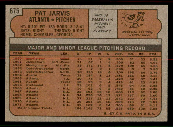 1972 Topps Baseball #675 Pat Jarvis Braves NR-MT 556735