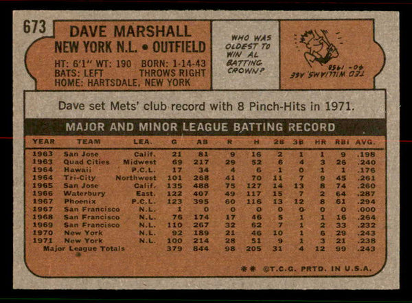 1972 Topps Baseball #673 Dave Marshall Mets NR-MT 556737