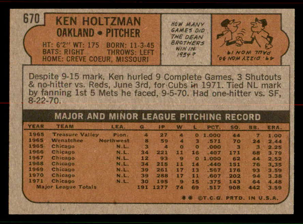 1972 Topps Baseball #670 Ken Holtzman A's NR-MT 556738