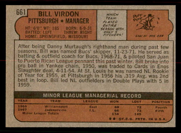 1972 Topps Baseball #661 Bill Virdon Pirates NR-MT 556743