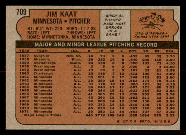 1972 Topps Baseball #709 Jim Kaat Twins EX-MT 556760