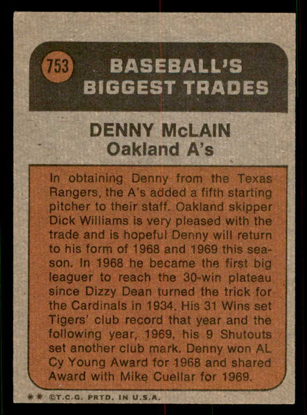 1972 Topps Baseball #753 Denny McLain TR A's EX 556762