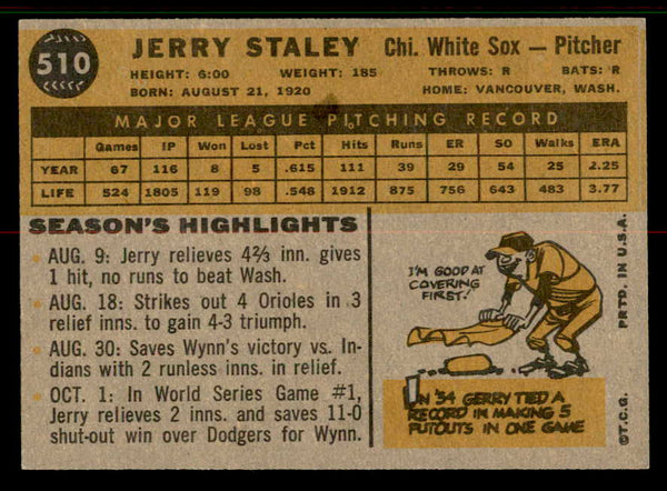 1960 Topps Baseball #510 Jerry Staley White Sox EX 556766