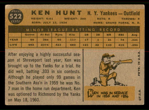 1960 Topps Baseball #522 Ken Hunt Yankees VG-EX 556768