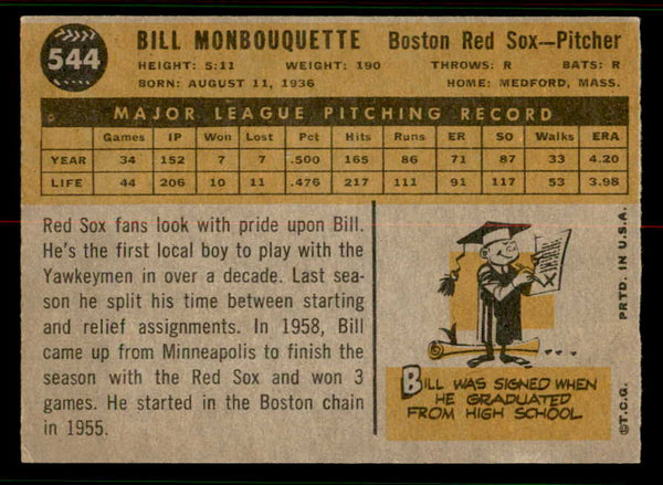 1960 Topps Baseball #544 Bill Monbouquette Red Sox EX+/EX-MT 556775
