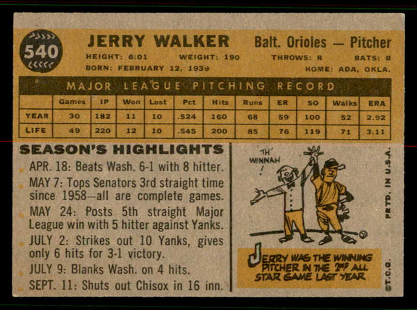 1960 Topps Baseball #540 Jerry Walker Orioles EX-MT 556790