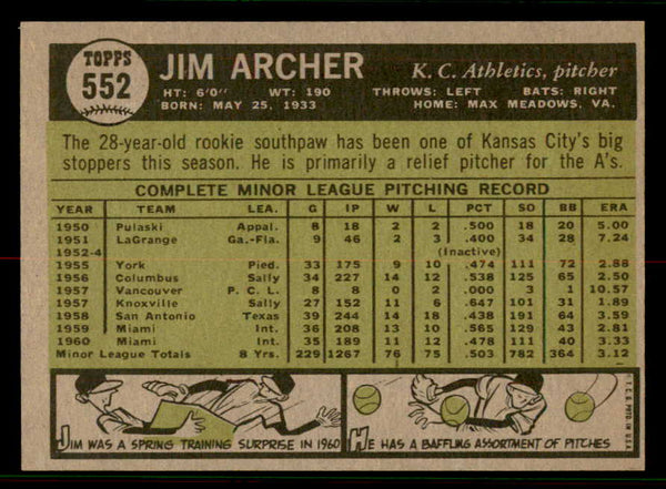 1961 Topps Baseball #552 Jim Archer A's EX-MT 556807