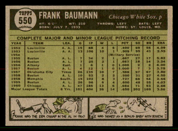 1961 Topps Baseball #550 Frank Baumann White Sox EX-MT 556811