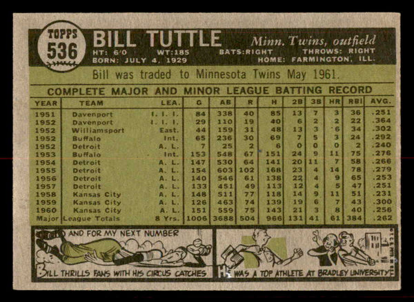 1961 Topps Baseball #536 Bill Tuttle Twins EX-MT 556823
