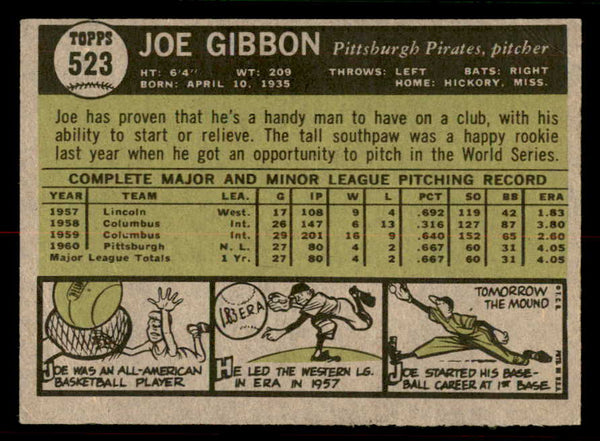1961 Topps Baseball #523 Joe Gibbon Pirates VG-EX 556828