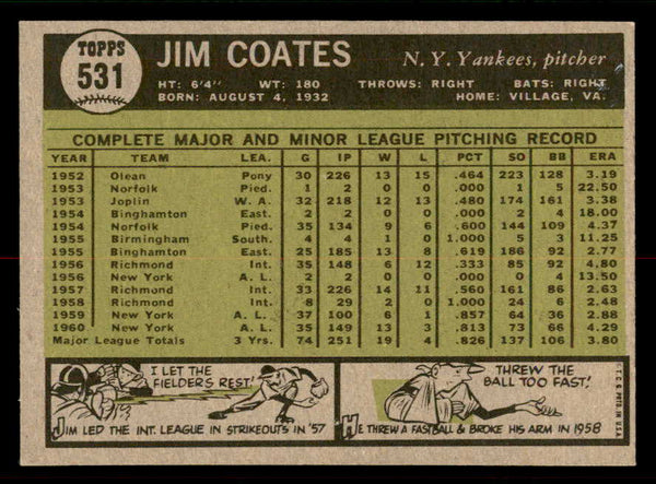 1961 Topps Baseball #531 Jim Coates Yankees EX+/EX-MT 556830