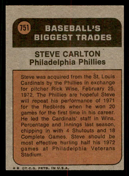 1972 Topps Baseball #751 Steve Carlton TR Phillies EX+/EX-MT 556834