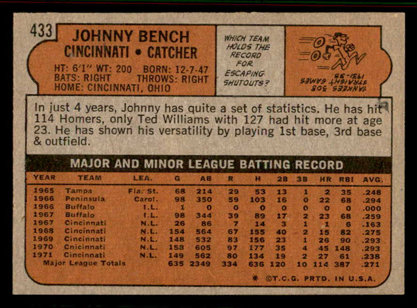 1972 Topps Baseball #433 Johnny Bench Reds EX-MT 556852