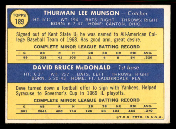 1970 Topps Baseball #189 Thurman Munson Yankees EX+/EX-MT 556907