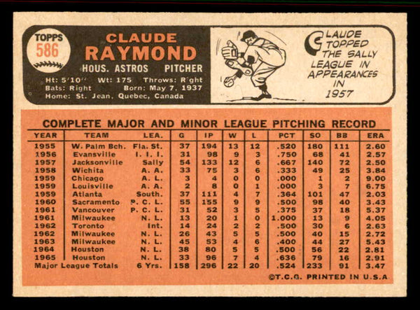 1966 Topps Baseball #586 Claude Raymond Astros EX-MT 556929