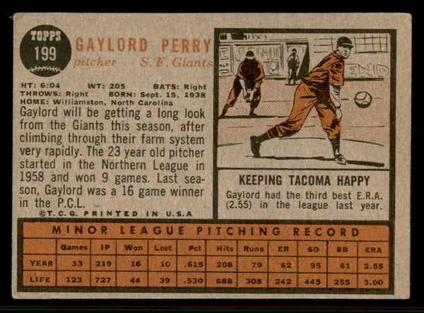 1962 Topps Baseball #199 Gaylord Perry Giants VG-EX 556939
