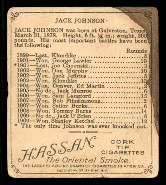 1910 T218 Hassan Jack Johnson Boxer Low Grade stain crease 556957