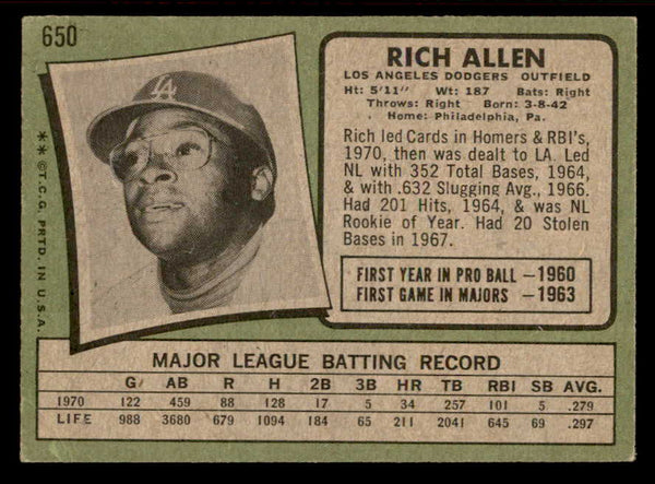 1971 Topps Baseball #650 Rich Allen Dodgers VG 556966