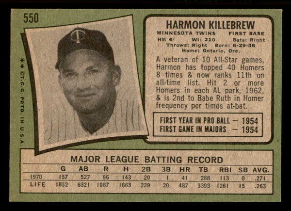 1971 Topps Baseball #550 Harmon Killebrew Twins EX-MT 556972