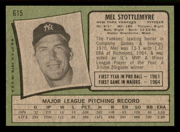 1971 Topps Baseball #615 Mel Stottlemyre Yankees NR-MT 556979