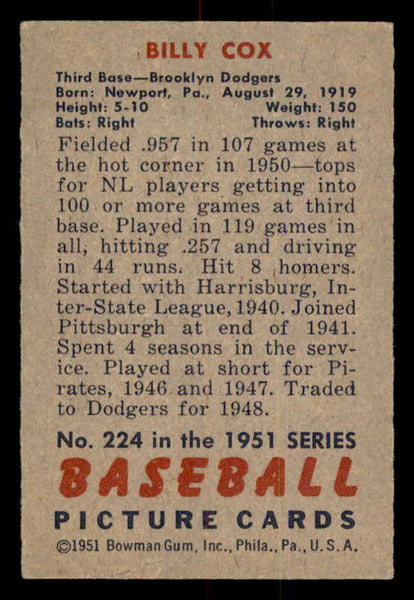 1951 Bowman Baseball #224 Billy Cox Dodgers EX-MT 556982