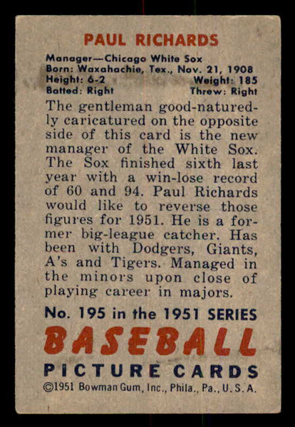 1951 Bowman Baseball #195 Paul Richards White Sox EX-MT 556983