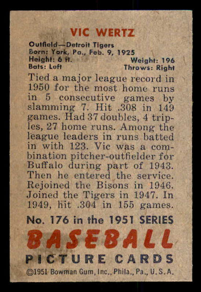 1951 Bowman Baseball #176 Vic Wertz Tigers EX-MT 556986