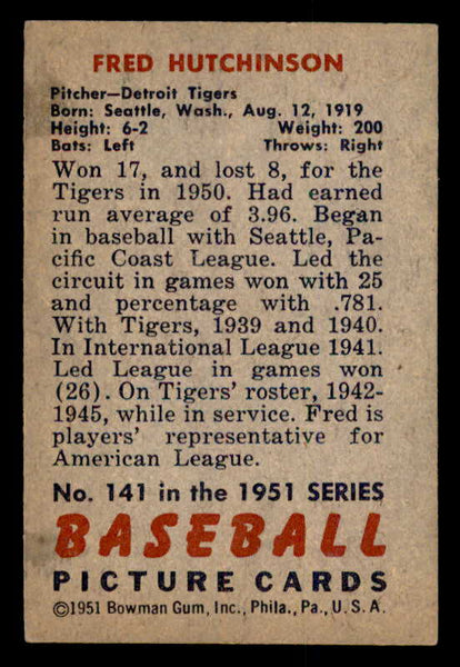 1951 Bowman Baseball #141 Fred Hutchinson Tigers EX-MT 556988