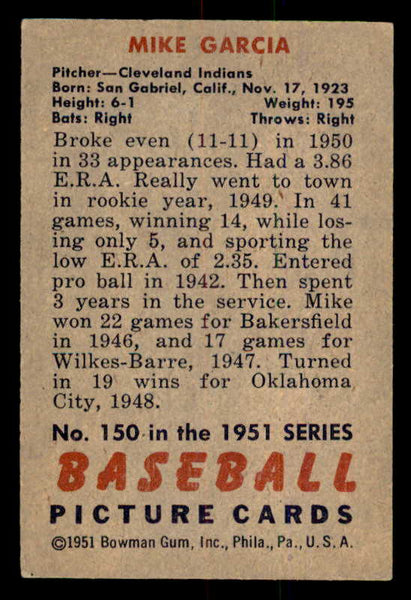 1951 Bowman Baseball #150 Mike Garcia Indians EX-MT 556989
