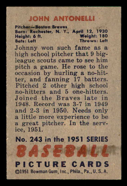 1951 Bowman Baseball #243 Johnny Antonelli Braves EX-MT 556992