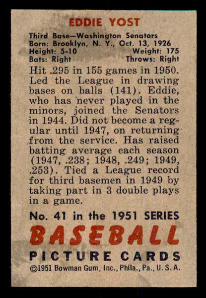 1951 Bowman Baseball #041 Eddie Yost Senators EX-MT 556993