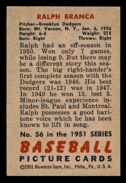 1951 Bowman Baseball #056 Ralph Branca Dodgers EX-MT 556995