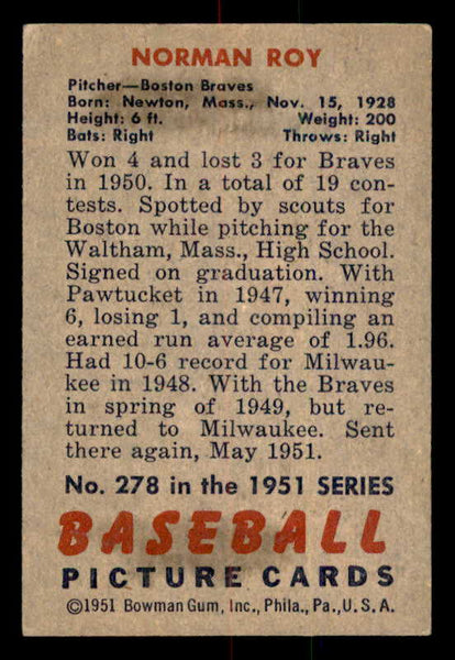 1951 Bowman Baseball #278 Norman Roy Braves EX-MT 556997