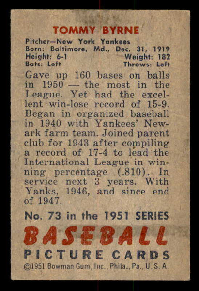 1951 Bowman Baseball #073 Tommy Byrne Yankees EX-MT 556998