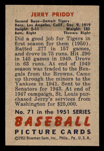 1951 Bowman Baseball #071 Jerry Priddy Tigers EX-MT 557000