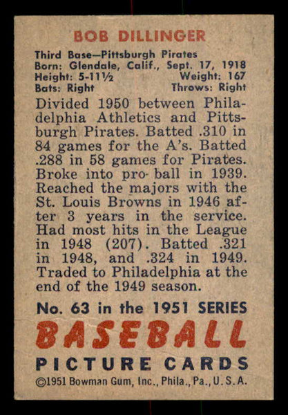 1951 Bowman Baseball #063 Bob Dillinger Pirates EX-MT 557003
