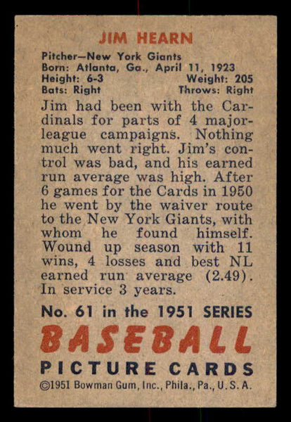 1951 Bowman Baseball #061 Jim Hearn Giants EX-MT 557004