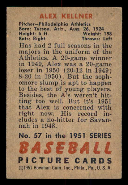 1951 Bowman Baseball #057 Alex Kellner A's EX-MT 557005