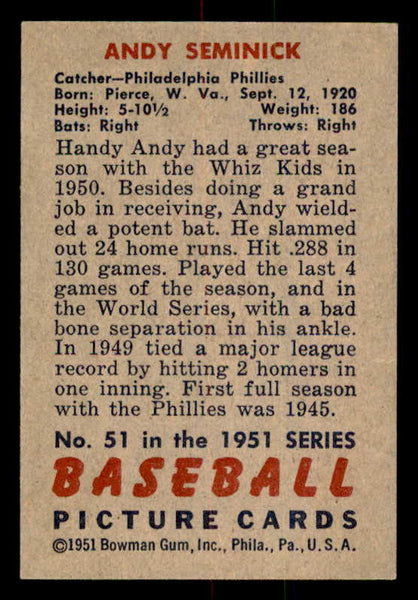 1951 Bowman Baseball #051 Andy Seminick Phillies EX-MT 557006