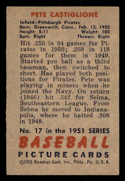 1951 Bowman Baseball #017 Pete Castiglione Pirates EX-MT 557008