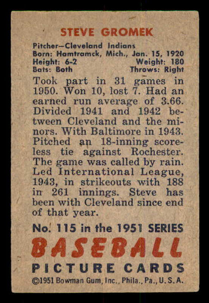 1951 Bowman Baseball #115 Steve Gromek Indians EX-MT 557010