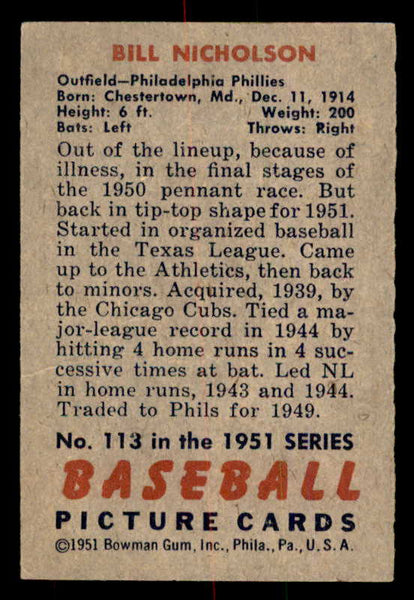 1951 Bowman Baseball #113 Bill Nicholson Phillies EX-MT 557011
