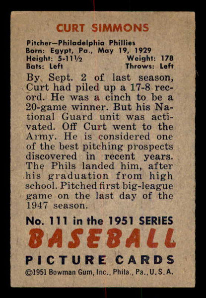 1951 Bowman Baseball #111 Curt Simmons Phillies EX-MT 557012