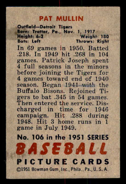 1951 Bowman Baseball #106 Pat Mullin Tigers EX-MT 557013
