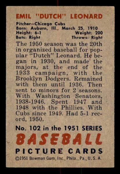 1951 Bowman Baseball #102 Dutch Leonard Cubs EX-MT 557014