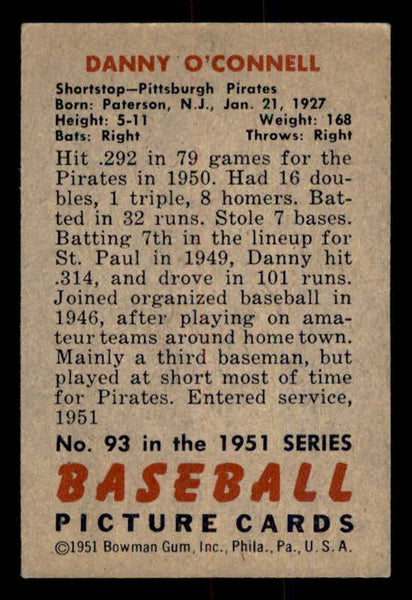 1951 Bowman Baseball #093 Danny O'Connell Pirates EX-MT 557015