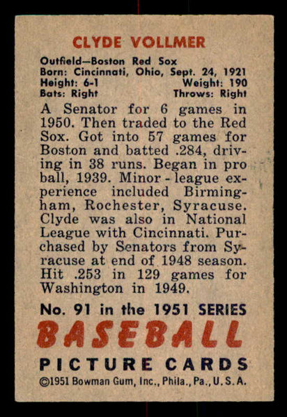 1951 Bowman Baseball #091 Clyde Vollmer Red Sox EX-MT 557016